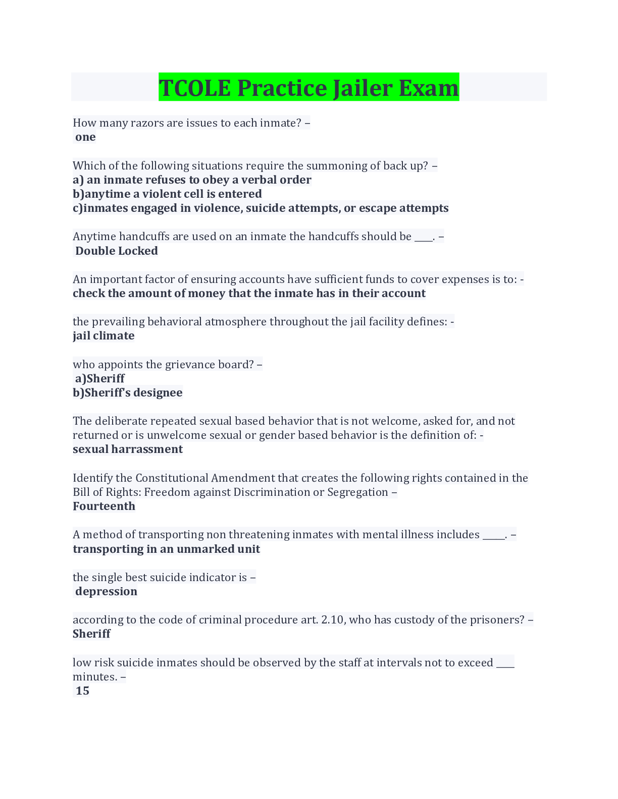 TCOLE Practice Jailer Exam Questions And Answers Latest Update